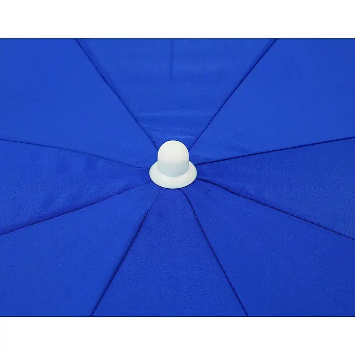 Schneider Classic Marktschirm rund Ibiza - Blau, Durchmesser Bespannung: 240 cm - Nahaufnahme der Oberseite eines blauen Sonnenschirms mit einer weißen Kunststoffkappe in der Mitte.