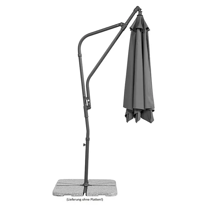 Schneider Sunny Ampelschirm rund Genua - Anthrazit, Durchmesser Bespannung: 300 cm - Abgebildeter, grauer, freischwebender Sonnenschirm mit festem Standfuß. Perfekt für Garten und Terrasse, spendet Schatten und schützt vor Sonne.