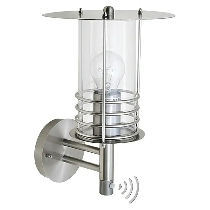 Starlux Silver Star II Außenwandleuchte mit Bewegungsmelder stehend - 60 W, 24 x 22 x 35 cm, Silber, IP44 - Wandleuchte mit Bewegungssensor, silberfarben, mit klarem zylindrischem Lampenschirm und dekorativen Metallelementen.
