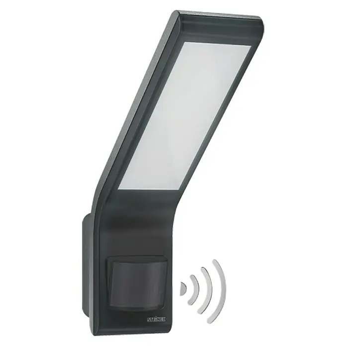 Steinel LED-Sensor-Strahler XLED home Slim S anthrazit - 7,2 W, L x B x H: 201 x 66 x 241 mm, Anthrazit, IP44 - Bild einer Steinel Außenleuchte mit Bewegungsmelder. Die Leuchte ist in einem modernen Design gehalten und strahlt helles Licht aus.