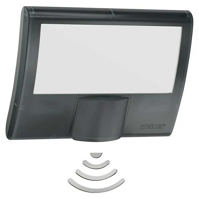 Steinel LED-Sensor-Strahler XLED home Curved S anthrazit - 9,3 W, L x B x H: 16 x 10,7 x 12 cm, Anthrazit, IP44 - Abbildung einer Steinel-Außenleuchte mit Bewegungsmelder, ideal zur Beleuchtung von Hauswänden und zur Abschreckung von Einbrechern.