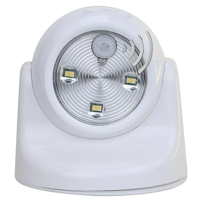 Ritter Leuchten LED-Türlicht - Bewegungsmelder, 115 x 120 x 120 mm, IP44 - Das Bild zeigt eine runde, weiße LED-Leuchte mit Bewegungssensor auf schwarzem Hintergrund.