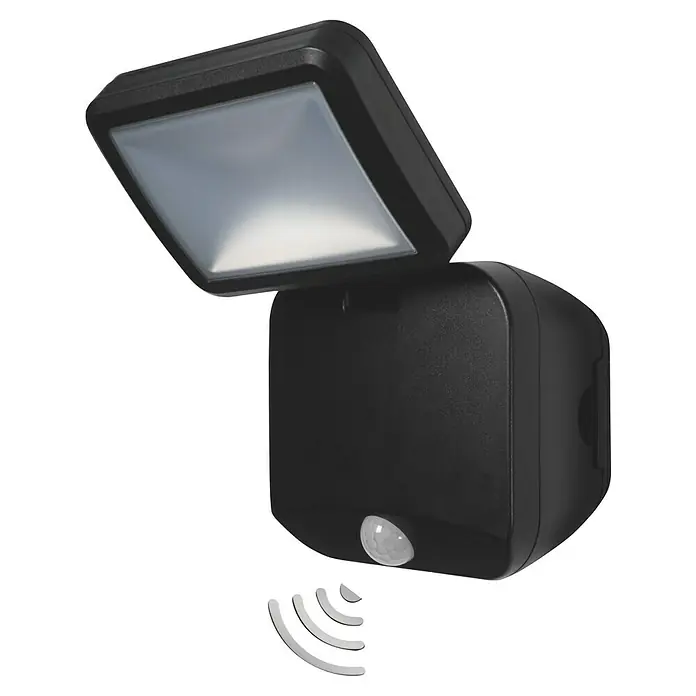 Osram LED-Sensor-Außenwandstrahler Single - 4 W, L x B x H: 12,7 x 10,8 x 21,5 cm, Schwarz, IP54 - Das Bild zeigt einen schwarzen LED-Strahler mit Bewegungssensor vor einem schwarzen Hintergrund. Der Strahler ist nach oben gerichtet.
