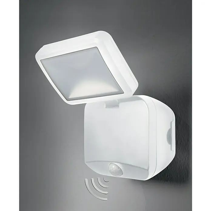 Osram LED-Sensor-Außenwandstrahler Single - 4 W, L x B x H: 12,7 x 10,8 x 21,5 cm, Weiß, IP54 - Bild einer weißen LED-Außenleuchte mit Bewegungsmelder zur Wandmontage. Die Lampe ist quadratisch und hat eine aufklappbare Abdeckung.