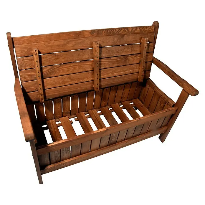 Dobar Gartenbank - B x T x H: 115 x 58 x 89 cm, Kiefer, Braun - Diese Aufnahme zeigt eine rustikale Gartenbank aus Holz mit hochklappbarem Deckel, ideal zur Aufbewahrung im Freien.