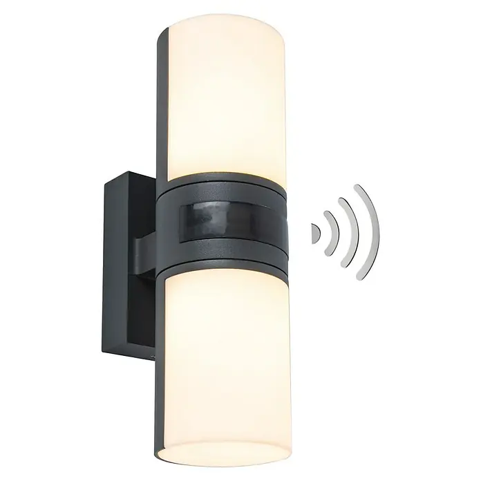 Lutec LED-Sensor-Außenwandleuchte Cyra - 16 W, L x B x H: 7,8 x 12 x 24,5 cm, Anthrazit/Weiß, Warmweiß - Dunkelgraue Wandleuchte mit Bewegungssensor. Sie hat zwei zylindrische Lampenschirme und gibt ein warmes, helles Licht ab.