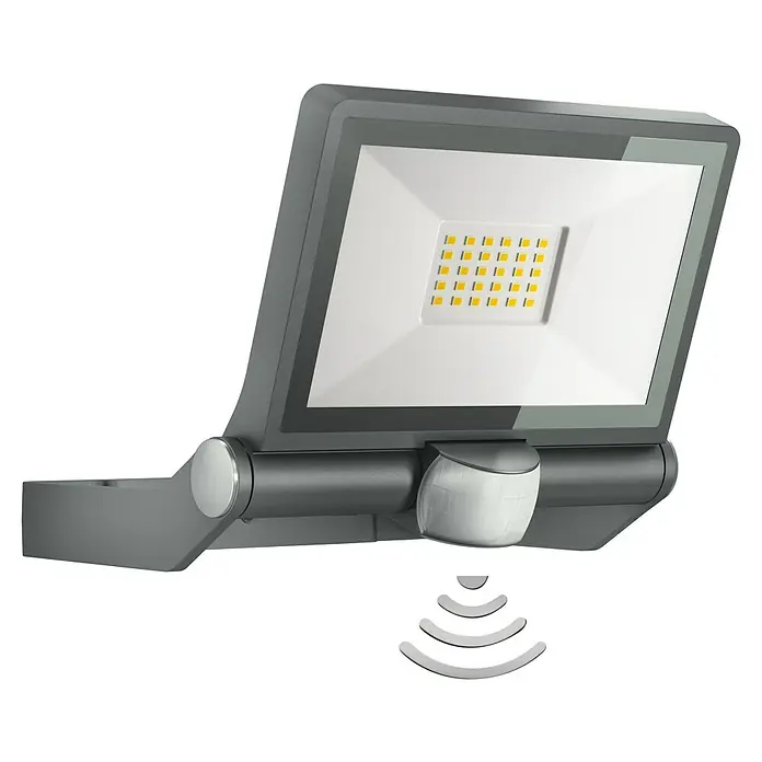 Steinel LED-Sensor-Außenwandstrahler XLED ONE S anthrazit - 18,6 W, L x B x H: 20,2 x 22,9 x 19,5 cm, Anthrazit, IP44 - Bild einer modernen LED-Außenleuchte mit Bewegungsmelder. Das Design ist schlicht und funktional, perfekt für den Außenbereich.