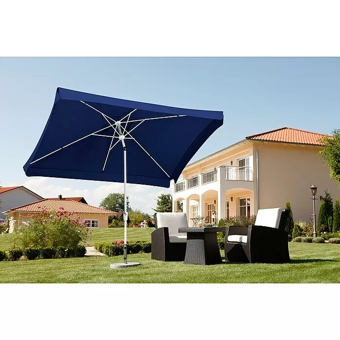 Schneider Classic Marktschirm Oslo - Blau, Bespannungsmaß (L x B): 300 x 200 cm - Dunkelblauer rechteckiger Sonnenschirm mit weißem Gestell, spendet Schatten für Sitzgelegenheiten im Freien.