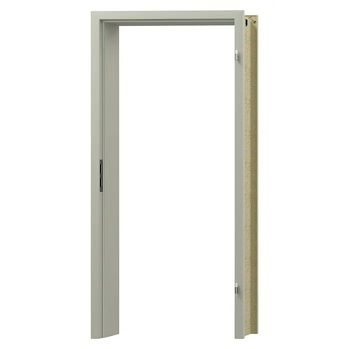 GetaDoor Lamineo Türzarge GLN 440 - 860 x 1.985 mm, Wandstärke: 125 mm, DIN Anschlag: Rechts, Staubgrau - Nahaufnahme eines modernen Türrahmens in Beige mit schlankem Design und minimalistischen Beschlägen, ideal für stilvolle Innenräume.