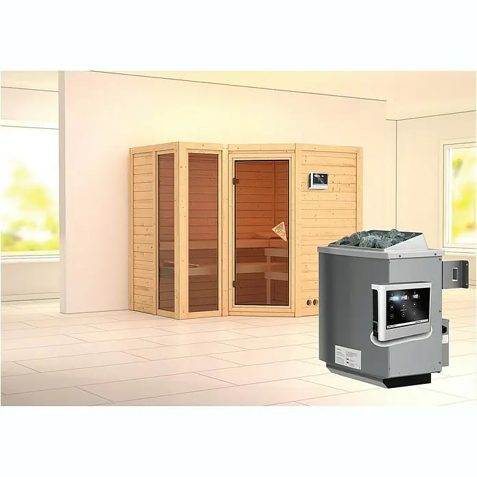 Karibu Massivholzsauna Amara - Mit 9 kW Ofen mit externer Steuerung, Ohne Dachkranz, L x B x H: 236 x 184 x 200 cm - Abbildung einer Sauna mit Holzverkleidung und einem modernen Saunaofen mit Steinen für ein entspannendes Saunaerlebnis.