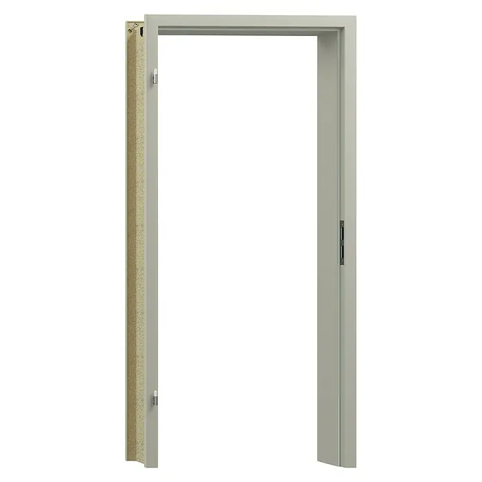 GetaDoor Lamineo Türzarge GLN 440 - 735 x 1.985 mm, Wandstärke: 100 mm, DIN Anschlag: Links, Seidengrau - Ansicht eines Türrahmens mit Dämmmaterial, ideal für energieeffiziente Bauprojekte und Renovierungen.