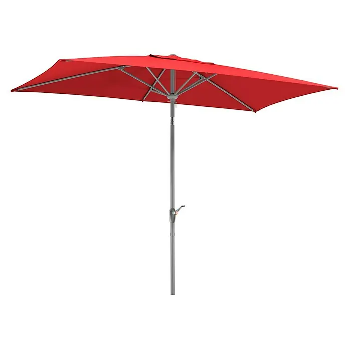 Schneider Classic Marktschirm Porto - Rot, Bespannungsmaß (L x B): 300 x 200 cm - Ein roter, rechteckiger Sonnenschirm mit grauem Gestell bietet Schatten und Schutz vor der Sonne im Freien.