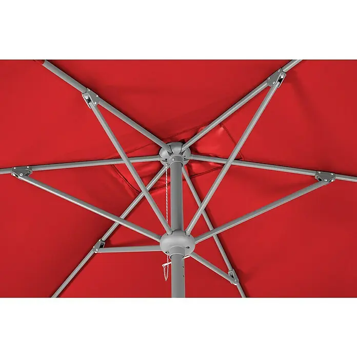 Schneider Classic Marktschirm Porto - Rot, Bespannungsmaß (L x B): 300 x 200 cm - Detailansicht eines roten Sonnenschirms, der seine Struktur und das Trägersystem zeigt.