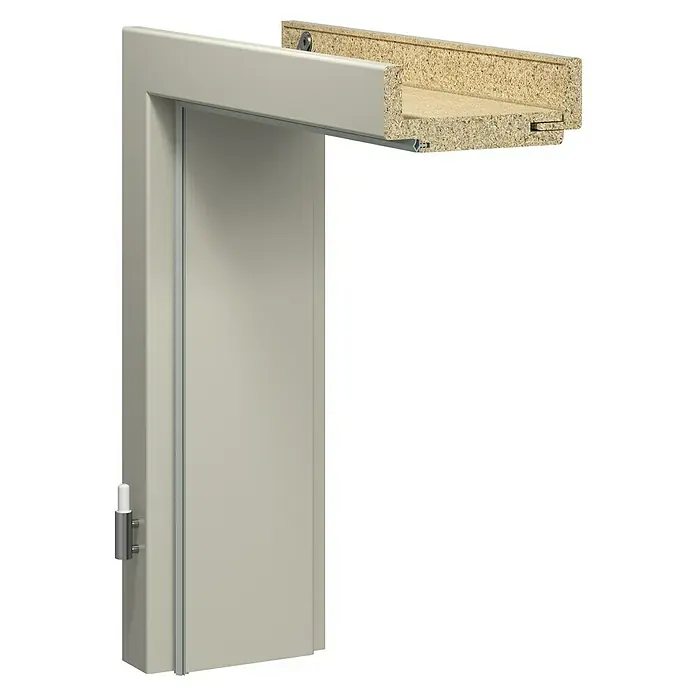 GetaDoor Lamineo Türzarge GLN 440 - 735 x 1.985 mm, Wandstärke: 100 mm, DIN Anschlag: Links, Seidengrau - Detailaufnahme einer Innentür mit Rahmen in neutraler Farbe, die die Konstruktion und Materialien des Produkts zeigt.