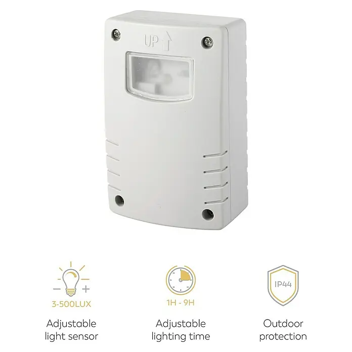 Garza Sensor crepuscular programable - Blanco - La imagen muestra un detector de movimiento rectangular blanco con sensor de luz y temporizador ajustables para exteriores.