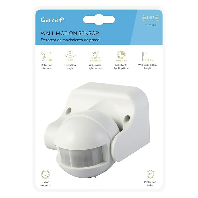 Garza Sensor de movimiento de paredes - Plástico, Blanco - Imagen de un sensor de movimiento de pared Garza blanco que utiliza tecnología infrarroja y sensibilidad lumínica ajustable.