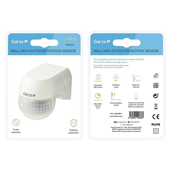 Garza Sensor de movimiento exterior Mini - 7 x 10 x 11 cm, Plástico, Blanco - Sensor de movimiento exterior mini Garza para montaje en pared, perfecto para uso en exteriores. Con sensor de infrarrojos, luz y tiempo ajustables.