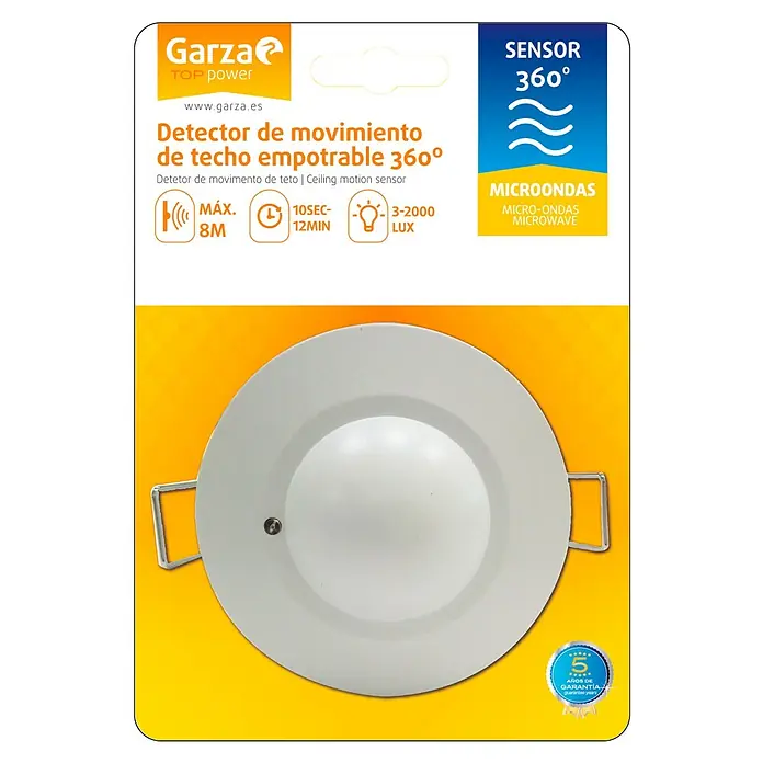 Garza Detector de movimiento del sistema de alarma Mini empotrable - Específico para: Empotrar en el techo, Alcance: 8 m - Detector de movimiento de techo Garza: sensor 360°, tecnología de microondas, alcance hasta 8m, retardo 10-12min, sensibilidad lumínica 3-2000 LUX.