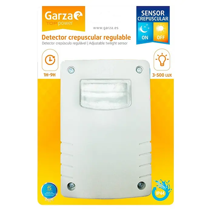 Garza Sensor crepuscular programable - Blanco - La imagen muestra un sensor crepuscular regulable de Garza Top Power, ideal para controlar la iluminación exterior, con 1-9H y 3-500 LUX.