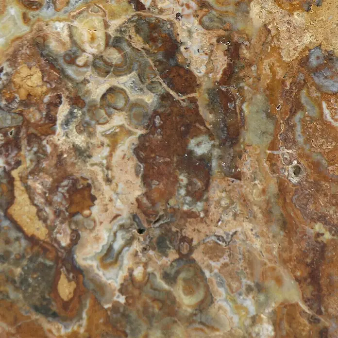 Fuchs Design Natursteinziegel Crystal Collection NatureTouch - Rain Forest Brown, Poliert, 20 x 10 x 5 cm - Nahaufnahme von poliertem Achatstein mit komplexen Mustern und warmen Erdtönen.