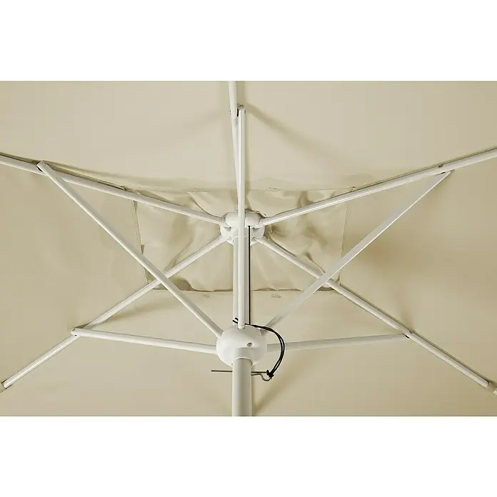 Schneider Classic Marktschirm OsloNatur, L x B: 300 x 200 cm - Ansicht von unten eines beigen Sonnenschirms mit weißem Gestell. Das Design bietet Schatten und Schutz vor der Sonne im Freien.