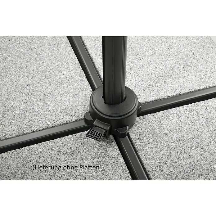 Schneider Ampelschirm rund Rhodos Blacklight - Anthrazit, Durchmesser Bespannung: 300 cm - Detailaufnahme eines schwarzen Sonnenschirmständers ohne Platten auf grauem Untergrund.