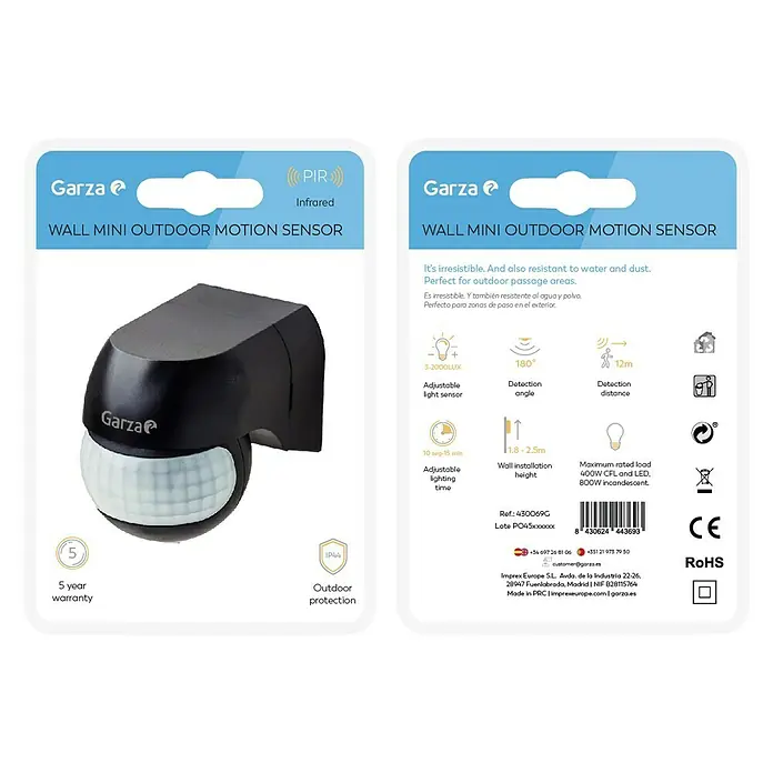 Garza Sensor de movimiento exterior Mini - 7 x 10 x 11 cm, Plástico, Negro - Imagen de una mini lámpara de pared para exteriores con sensor de movimiento, diseñada para mayor seguridad y comodidad en espacios exteriores.