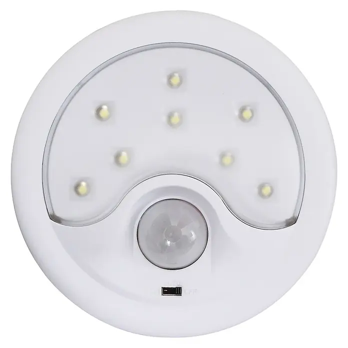 Garza Sensor de movimiento con luz de noche - 3,7 x 11 x 11 cm, Plástico, Blanco - Luz nocturna LED redonda con sensor de movimiento e interruptor para ajustar el modo automático o apagar, ideal para pasillos.
