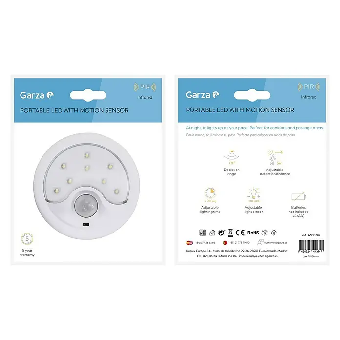 Garza Sensor de movimiento con luz de noche - 3,7 x 11 x 11 cm, Plástico, Blanco - Embalaje del LED portátil con sensor de movimiento Garza, ideal para pasillos y zonas de paso.