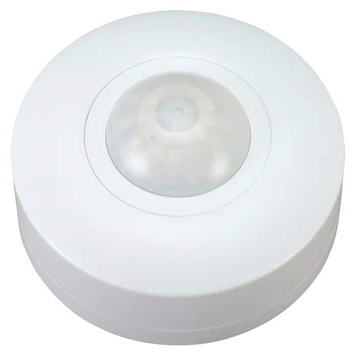 Garza Sensor de movimiento de techo - Plástico, Blanco - Primer plano de un sensor de movimiento redondo y blanco con un sensor transparente abovedado en el centro, sobre un fondo negro.