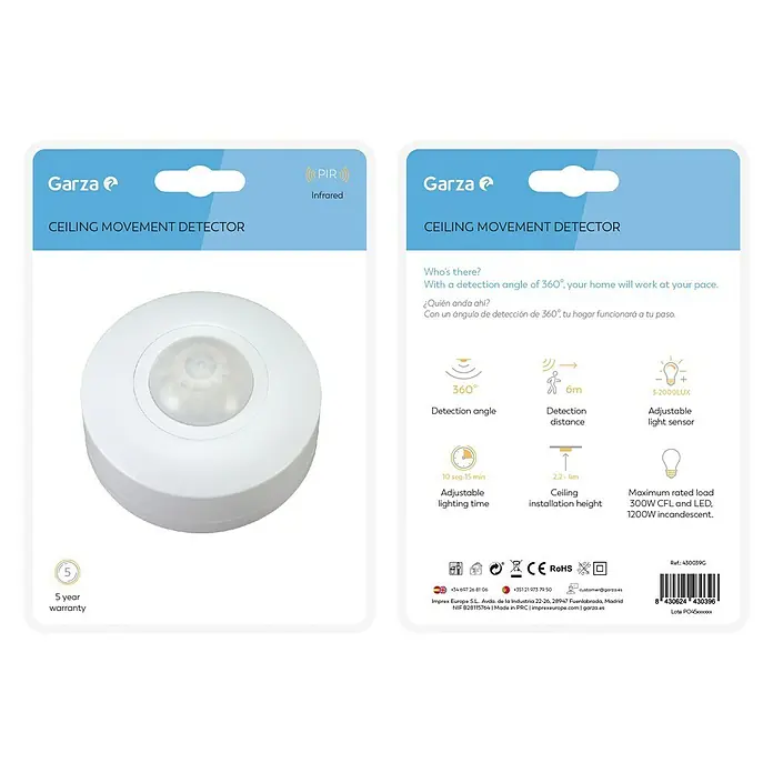Garza Sensor de movimiento de techo - Plástico, Blanco - Embalaje del detector de movimiento de techo Garza, con detalles técnicos e información de garantía.