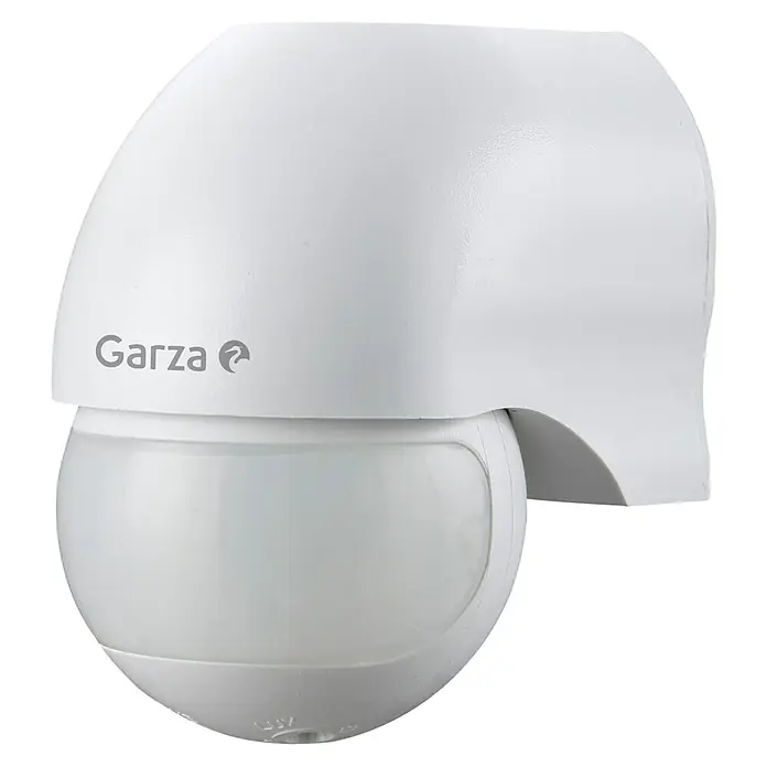 Garza Sensor de movimiento de pared 430042G - Plástico, Blanco - Primer plano de un sensor de movimiento blanco Garza con un diseño moderno y lente redonda, ideal para exteriores.