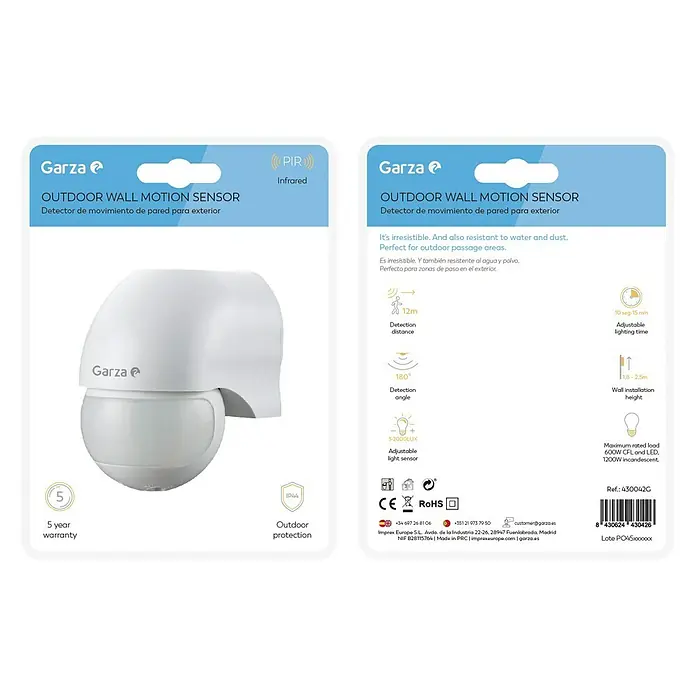Garza Sensor de movimiento de pared 430042G - Plástico, Blanco - La imagen muestra el empaque de un sensor de movimiento de pared para exteriores Garza, detallando las especificaciones técnicas y características del producto.