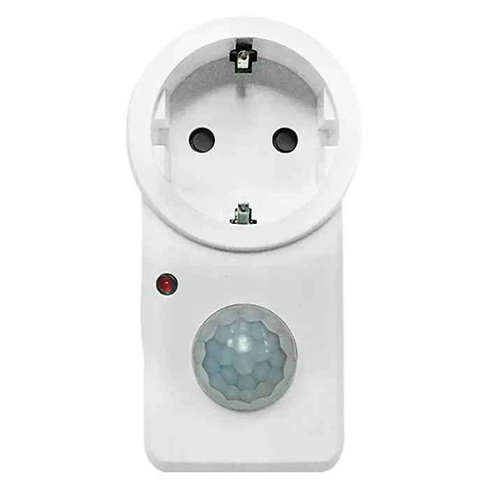 Garza Sensor de movimiento para Enchufes - Plástico, Blanco - Enchufe inteligente blanco con sensor de movimiento e indicador LED rojo. Práctico para iluminación automática y ahorro de energía en el hogar.