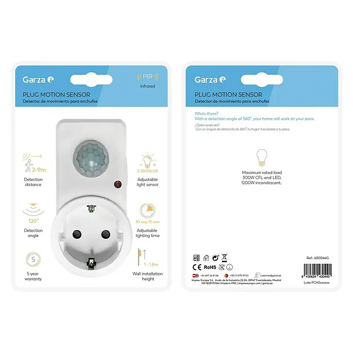 Garza Sensor de movimiento para Enchufes - Plástico, Blanco - Embalaje para el sensor de movimiento enchufable Garza. Práctico y fiable.