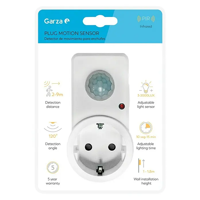 Garza Sensor de movimiento para Enchufes - Plástico, Blanco - Imagen de un sensor de movimiento de enchufe Garza con sensibilidad a la luz y tiempo ajustables, ideal para instalación en pared.