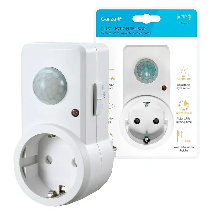 Garza Sensor de movimiento para Enchufes - Plástico, Blanco - La imagen muestra un sensor de movimiento de enchufe Garza, diseñado para mayor seguridad y comodidad en espacios interiores.