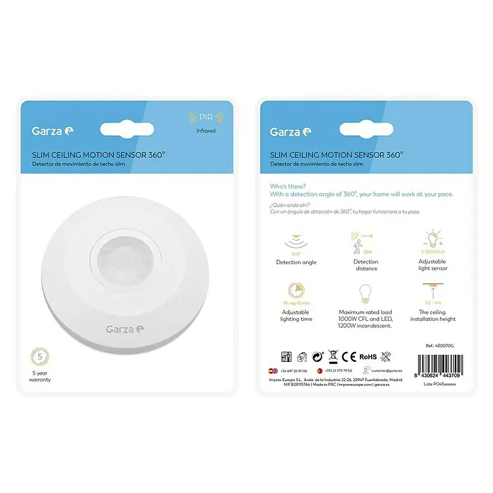 Garza Detector de movimiento del sistema de alarma de techo Slim - Específico para: Instalaciones en el techo, Alcance: 6 m - Embalaje del sensor de movimiento de techo Slim 360° de Garza con infrarrojos y 5 años de garantía.