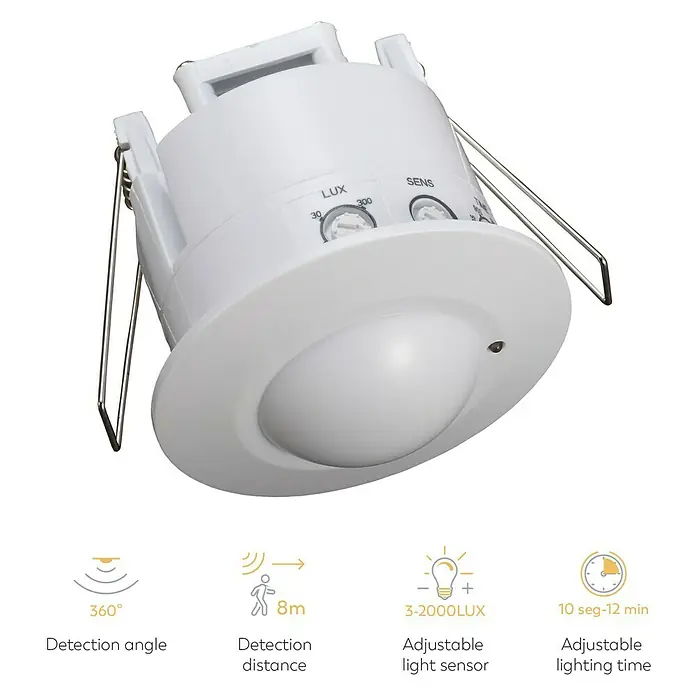 Garza Detector de movimiento del sistema de alarma Mini empotrable - Específico para: Empotrar en el techo, Alcance: 8 m - La imagen muestra un detector de movimiento blanco con sensores ajustables para luz y distancia, ideal para montaje en techo.