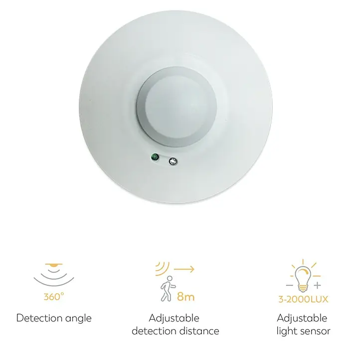 Garza Detector de movimiento del sistema de alarma de techo - Específico para: Techos, Alcance: 8 m - Sensor de movimiento de montaje en techo con ángulo de detección de 360°, distancia ajustable hasta 8 m y sensor de luz 3-2000 LUX.