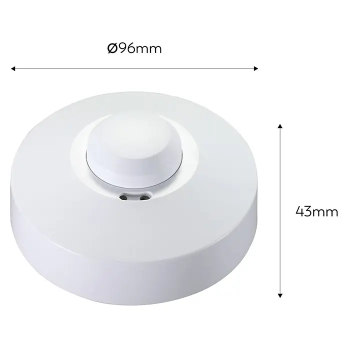 Garza Detector de movimiento del sistema de alarma de techo - Específico para: Techos, Alcance: 8 m - Primer plano de un pomo de mueble blanco redondo con dimensiones de 96 mm de diámetro y 43 mm de altura.