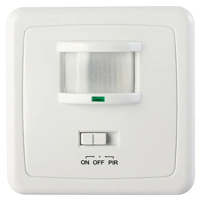 Garza Sensor de movimiento de pared 430038G - Plástico, Blanco - La imagen muestra un detector de movimiento PIR blanco con un interruptor para configurar los modos "Encendido", "Apagado" y "PIR".