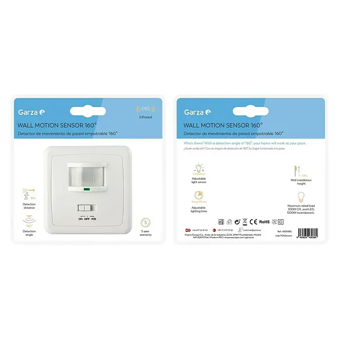 Garza Sensor de movimiento de pared 430038G - Plástico, Blanco - Detalle del sensor de movimiento de pared Garza 160°, ideal para interiores, que ofrece iluminación automática y ahorro energético.