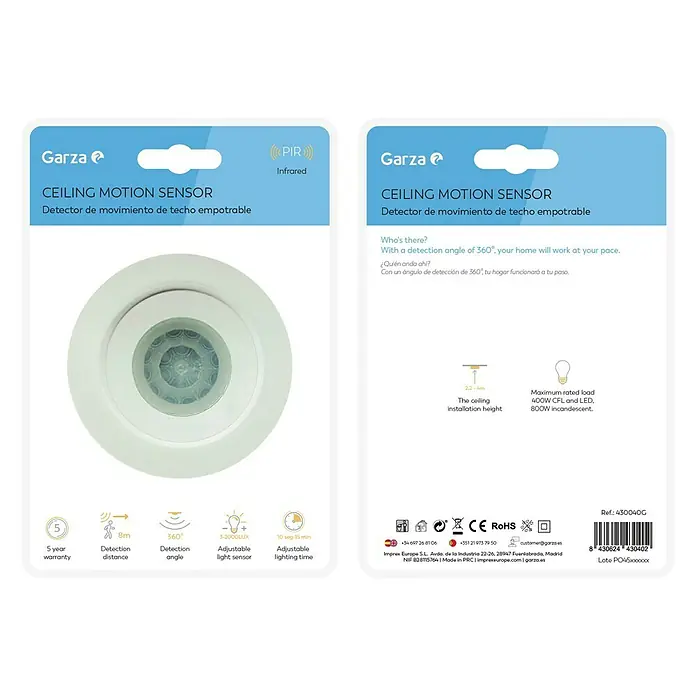 Garza Sensor de movimiento empotrable en techos - Plástico, Blanco - Imagen del embalaje de un sensor de movimiento de techo Garza, diseñado para empotrar, con datos técnicos e información de garantía.