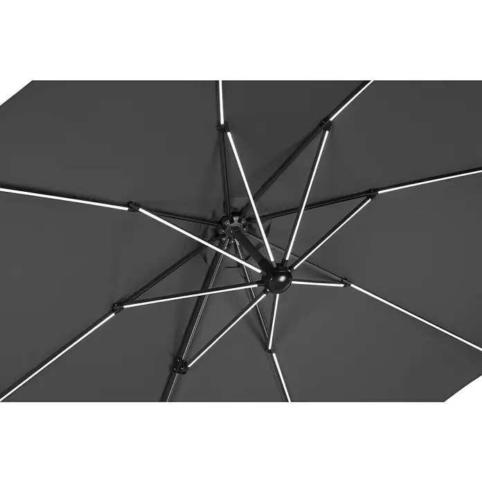 Schneider Ampelschirm rund Rhodos Blacklight - Anthrazit, Durchmesser Bespannung: 300 cm - Innenansicht eines grauen Sonnenschirms mit LED-Leuchten an den Streben, die für stimmungsvolle Beleuchtung sorgen.