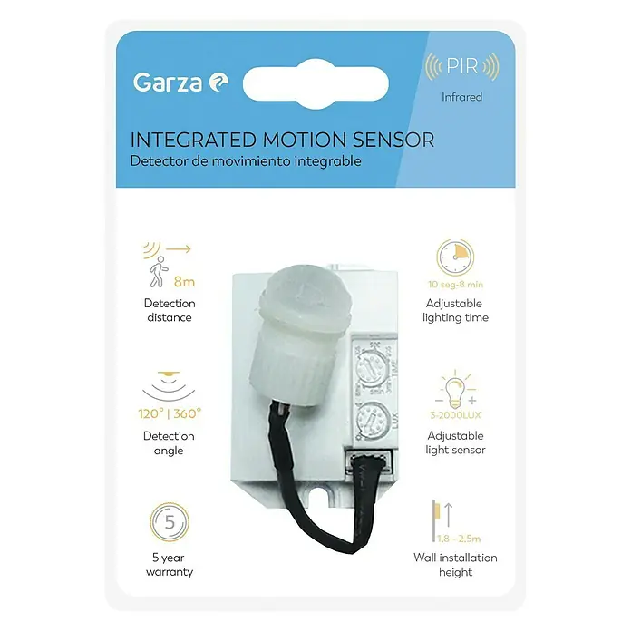 Garza Sensor de movimiento integrable - Plástico, Blanco - Embalaje del producto para un sensor de movimiento integrado Garza que muestra especificaciones técnicas y características.