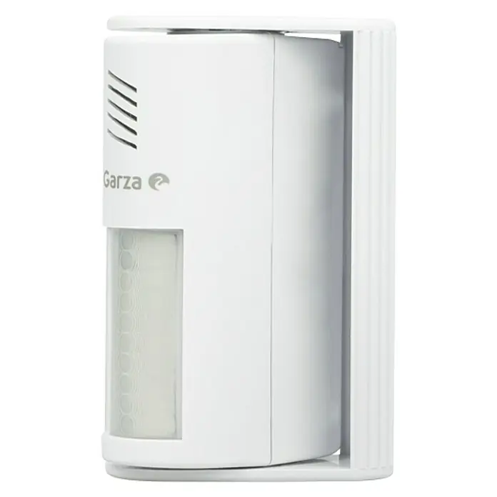 Garza Detector de movimiento del sistema de alarma de alarma y timbre - Específico para: Conexión de timbre y alarma, Alcance: 8 m - Primer plano de un detector de movimiento Garza blanco, perfecto para seguridad en interiores. El dispositivo es compacto y fácil de instalar.