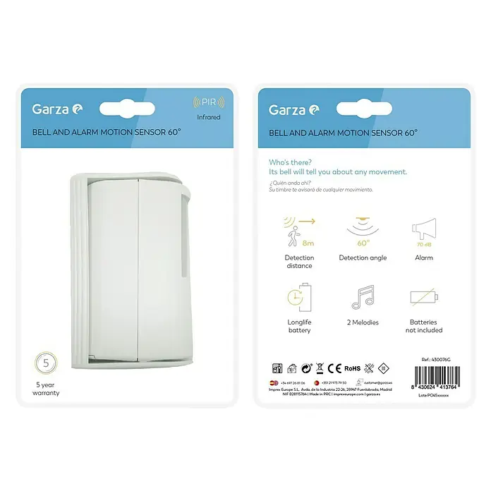 Garza Detector de movimiento del sistema de alarma de alarma y timbre - Específico para: Conexión de timbre y alarma, Alcance: 8 m - Imagen de un sensor de movimiento Garza Bell and Alarm 60°, destacando su garantía de 5 años y capacidades infrarrojas.