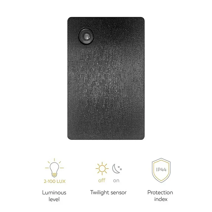 Garza Sensor crepuscular fotoeléctrico - Negro - Luz solar negra con sensor crepuscular y nivel luminoso de 2-100 Lux para uso en exteriores. Índice de protección IP44.