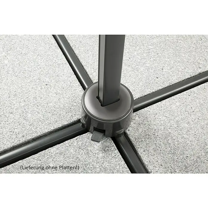 Schneider Classic Ampelschirm Rhodos Junior - Apfelgrün, Bespannungsmaß (L x B): 230 x 230 cm - Detailaufnahme eines Sonnenschirmständers auf grauem Steinboden. Solide Basis für optimalen Halt im Außenbereich.